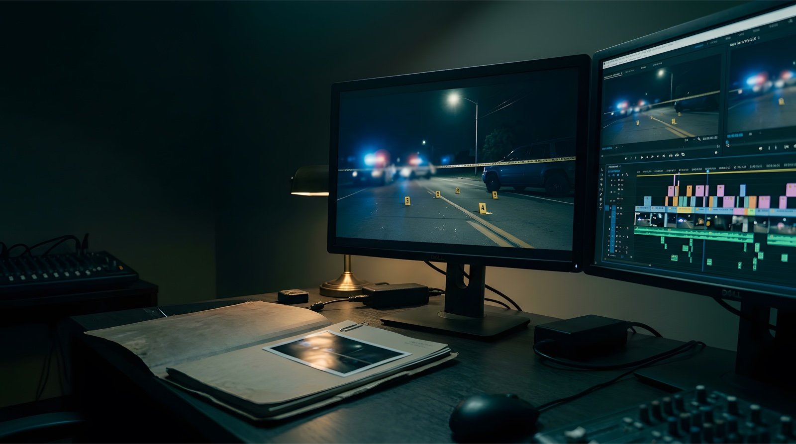 Edit suite with case footage on the monitors